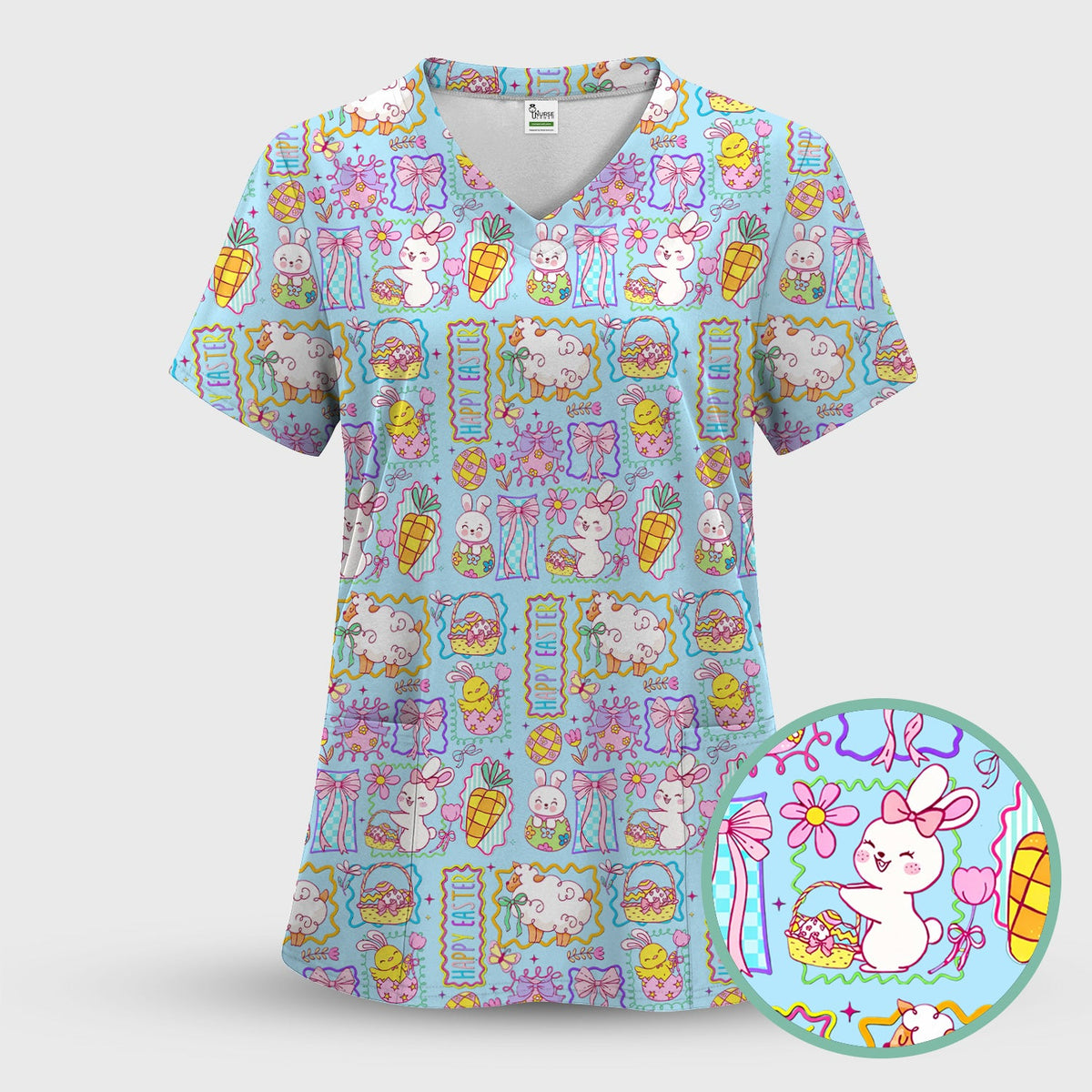Cute Easter Bunny Egg and Bow Print Scrub Set, Scrub Pants and V Neck Top