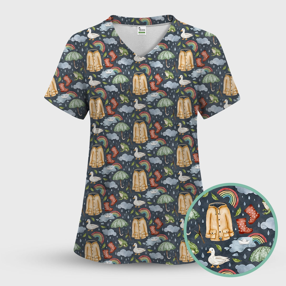 Rainy Day Ducks & Frog Nurse Scrub Top
