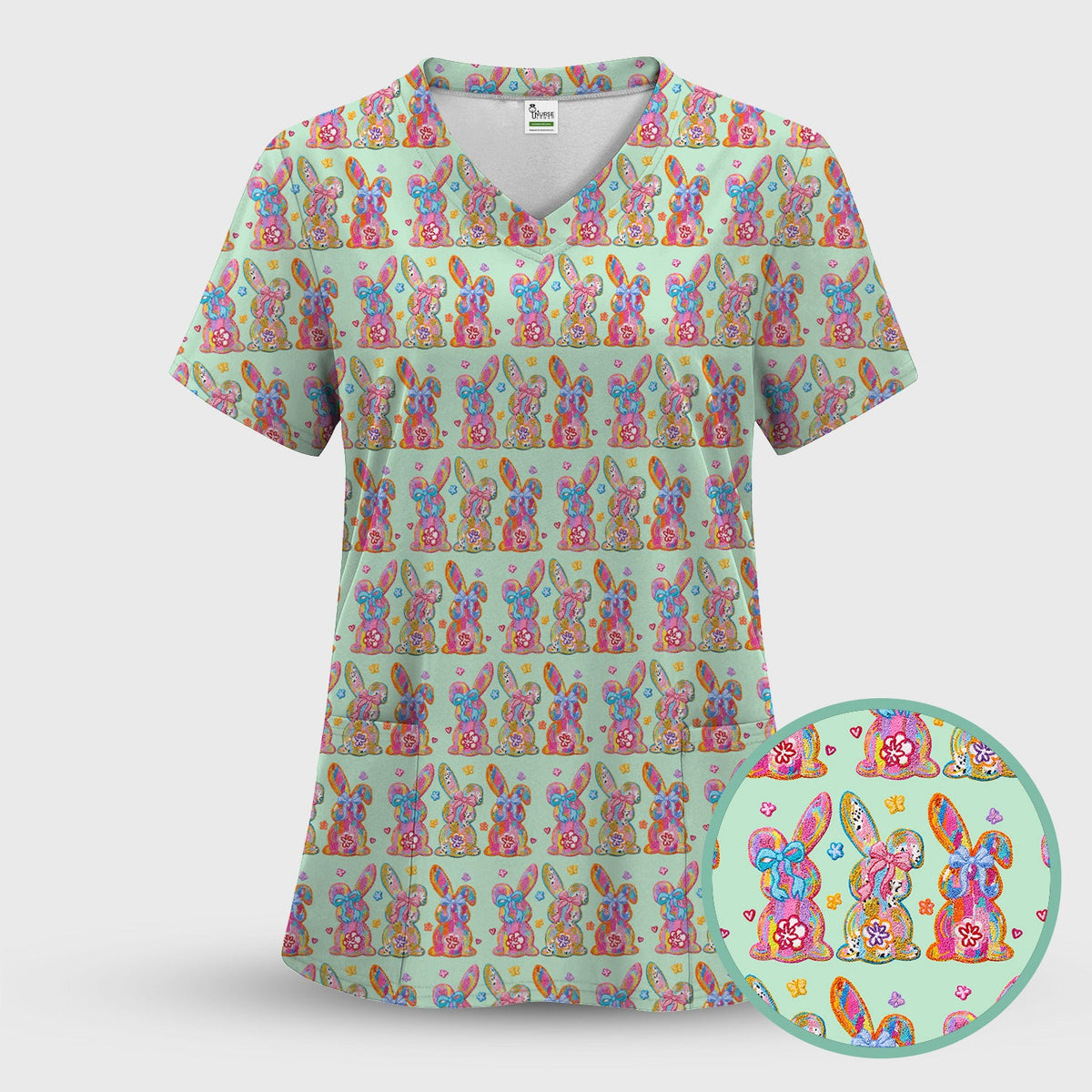 Pastel Bunny Floral Nurse Scrub Set