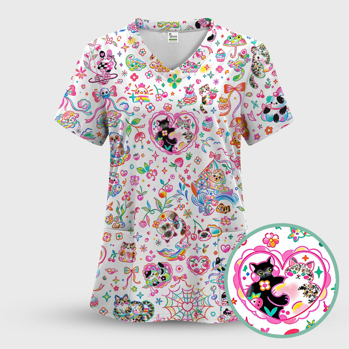 Colorful Kawaii Cat Heart Doodle Pattern Scrub Top, Comfortable Scrubs for Nurses