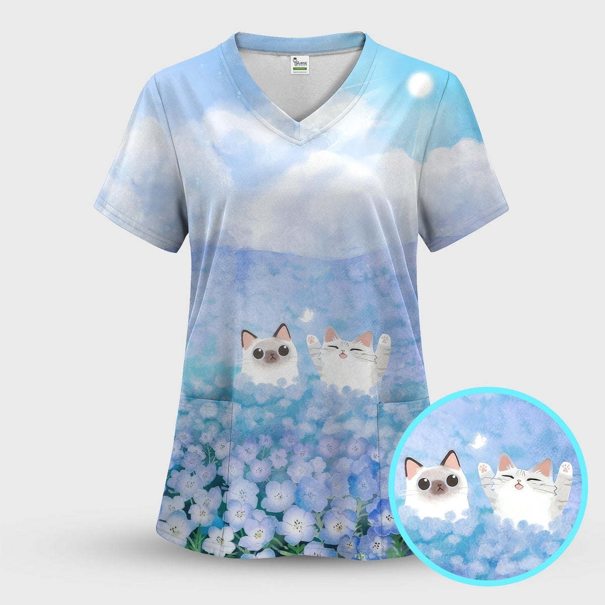 Dreamy Cat Cloud Hydrangea Nurse Scrub Set