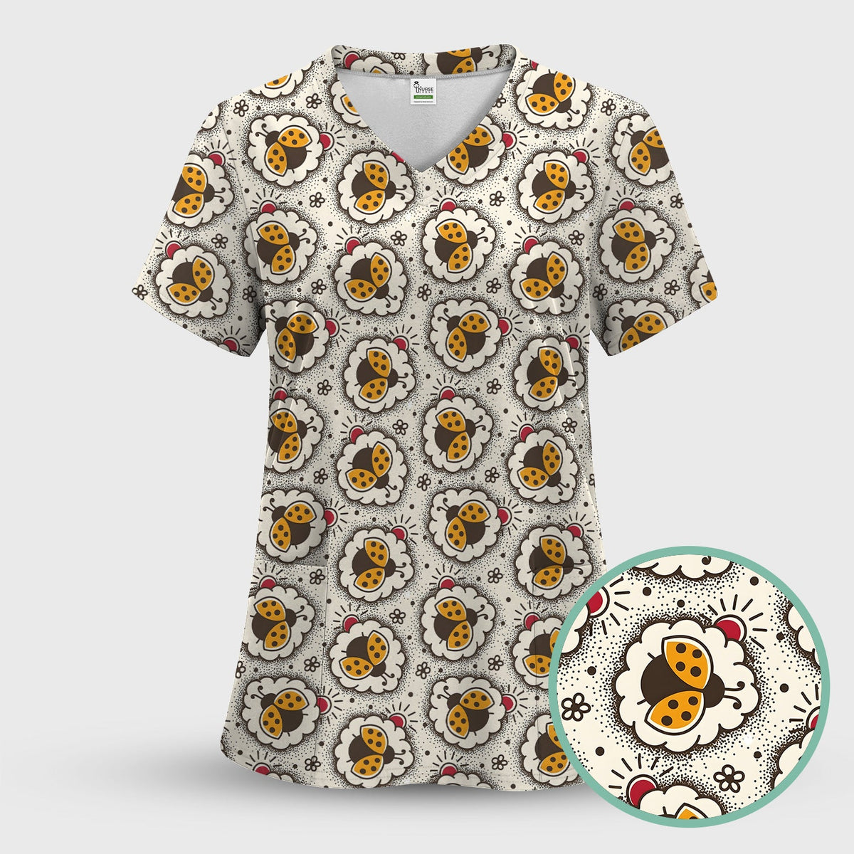 Ladybug Floral Frame Nurse Scrub Set