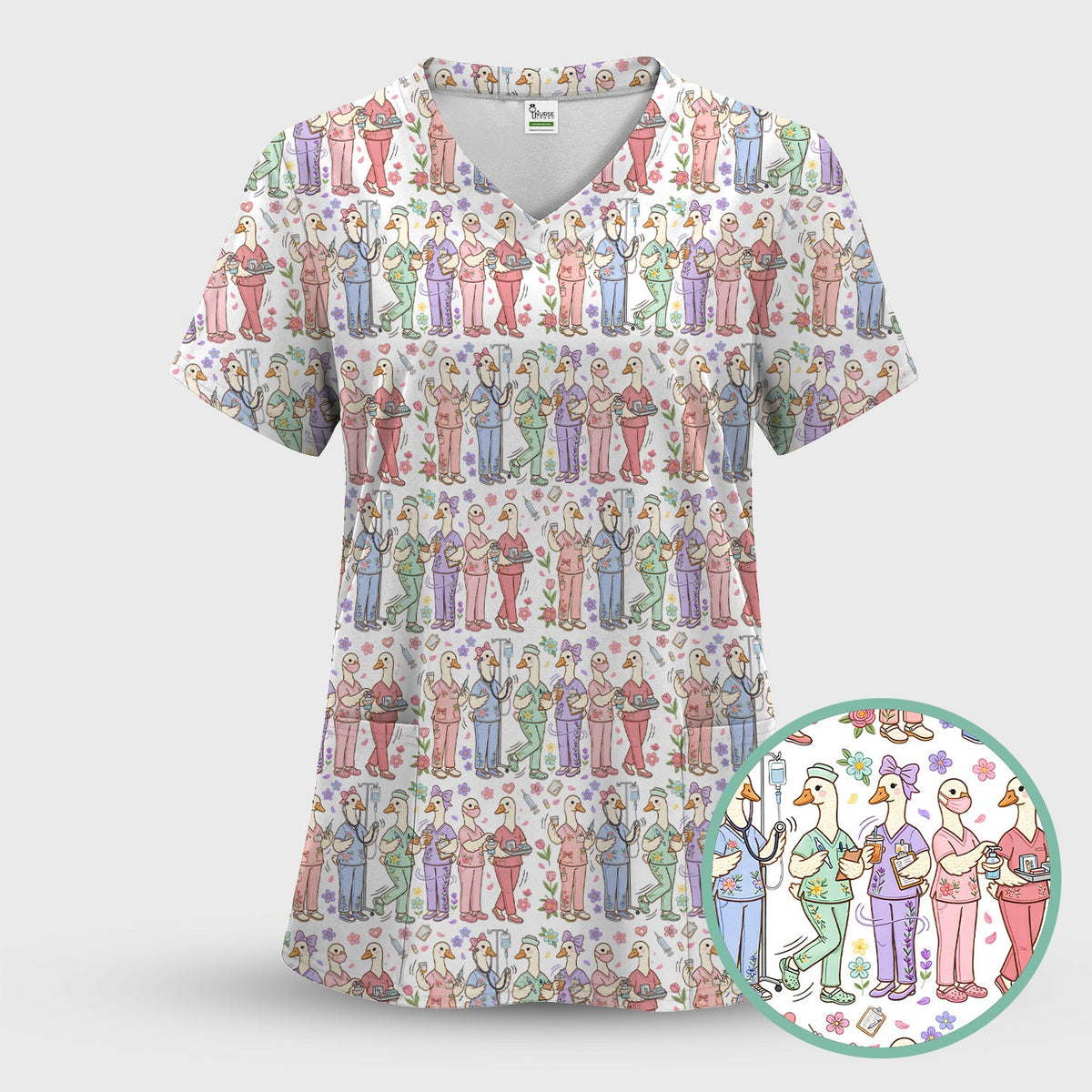 Goose Characters Floral Nurse Scrub Top