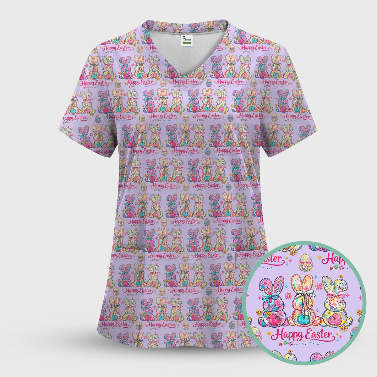 Pink Happy Easter Bunny Pattern Scrub Top, Comfortable Scrubs for Nurses