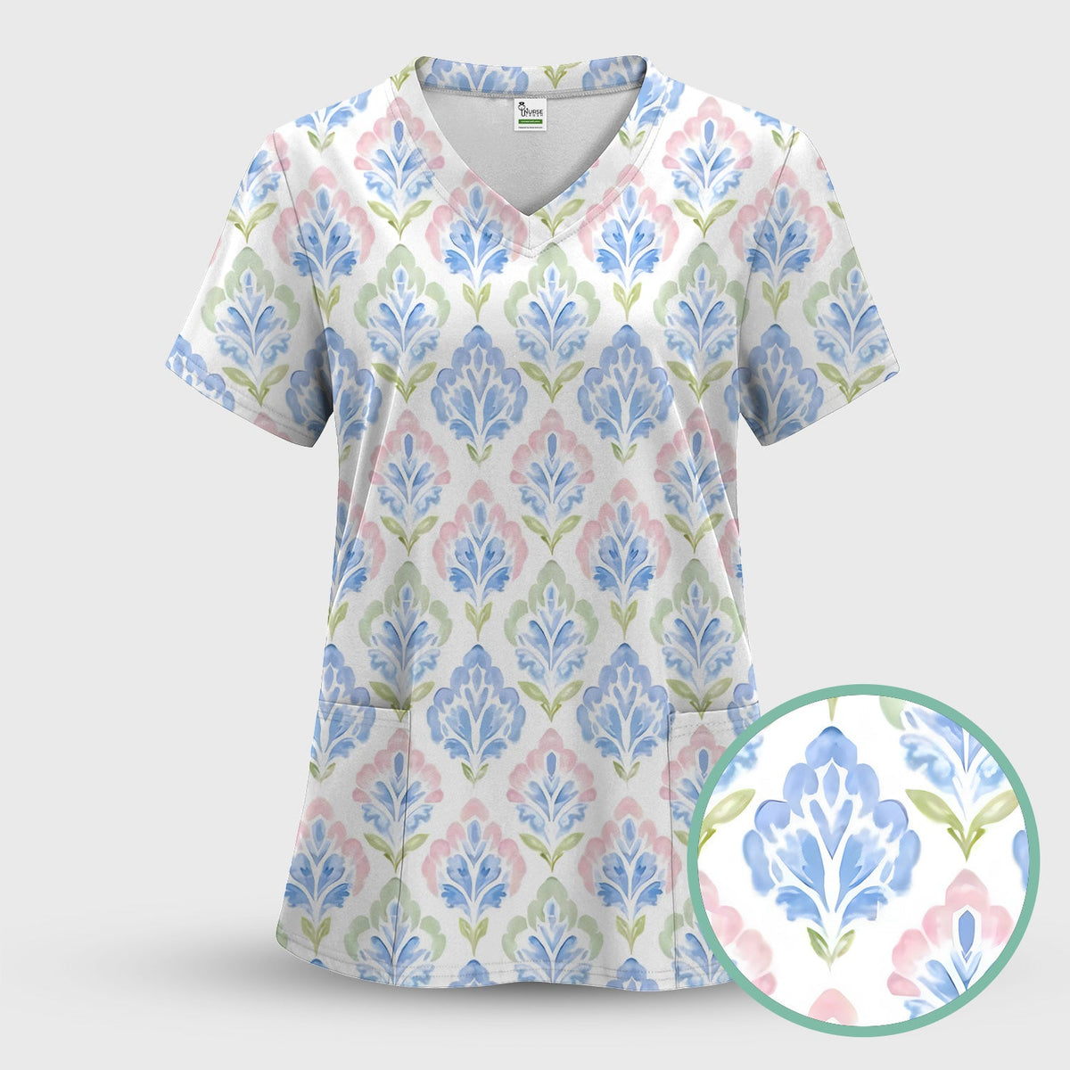 Blue Floral Damask Nurse Scrub Set