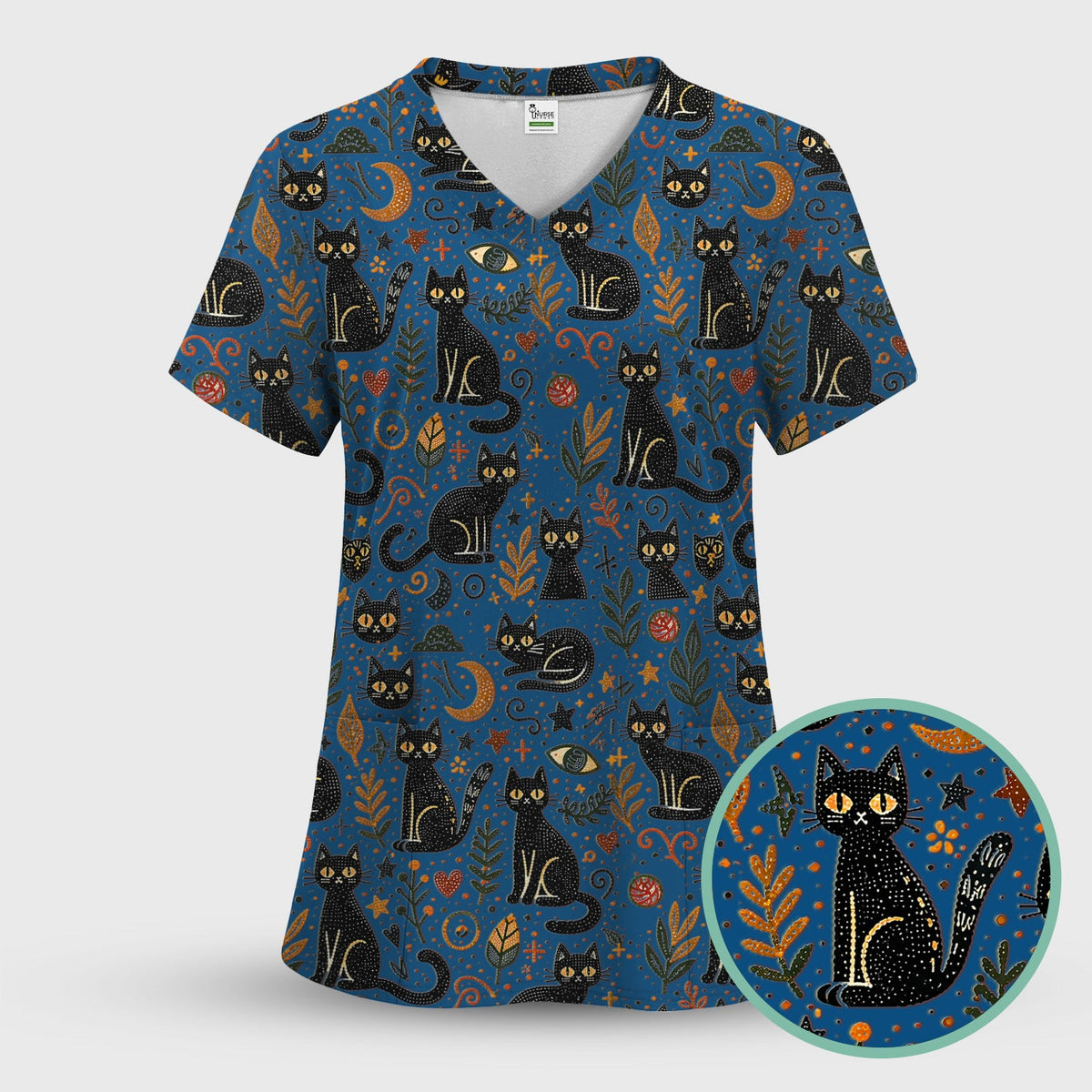 Mystic Black Cat Celestial Nurse Scrub Set