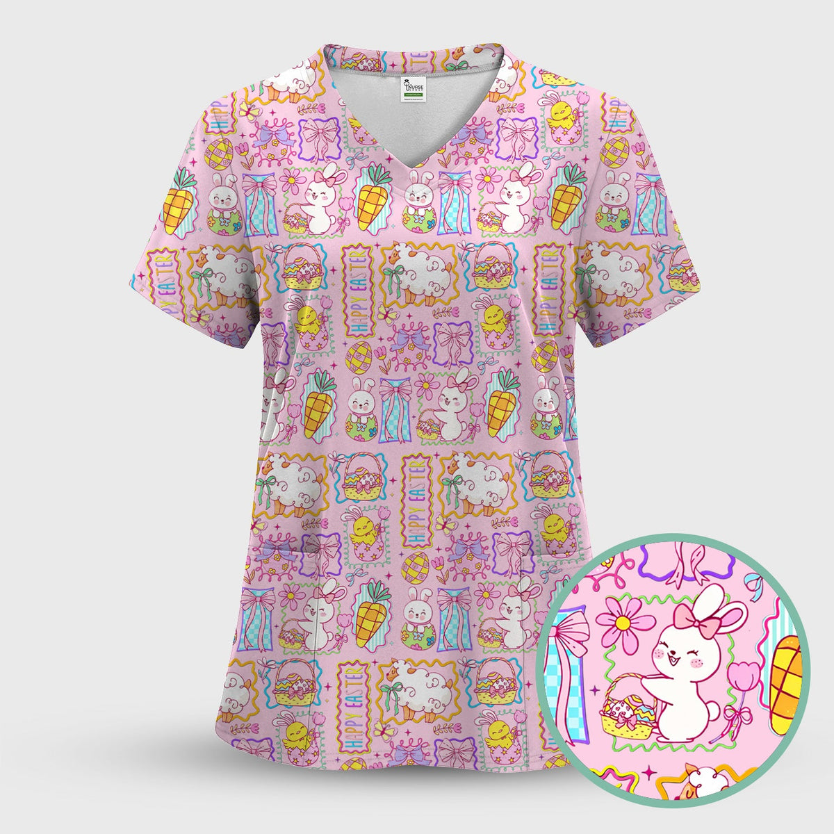 Cute Easter Bunny Egg and Bow Print Scrub Set, Scrub Pants and V Neck Top