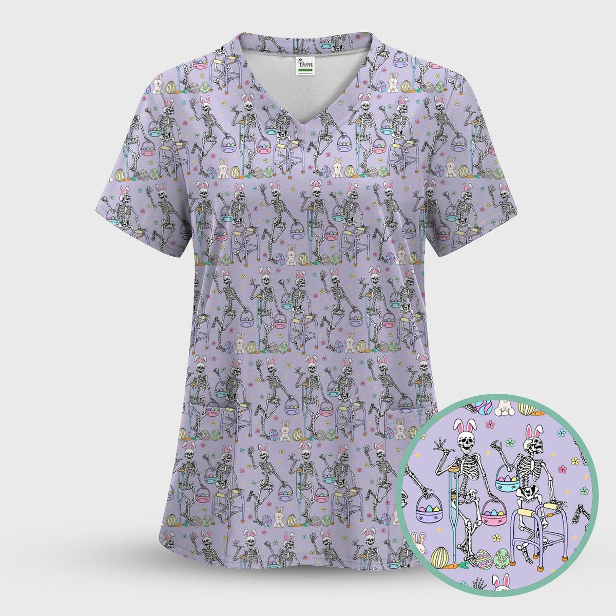 Fun Skeleton Bunny Nurse Scrub Top - Easter Gift