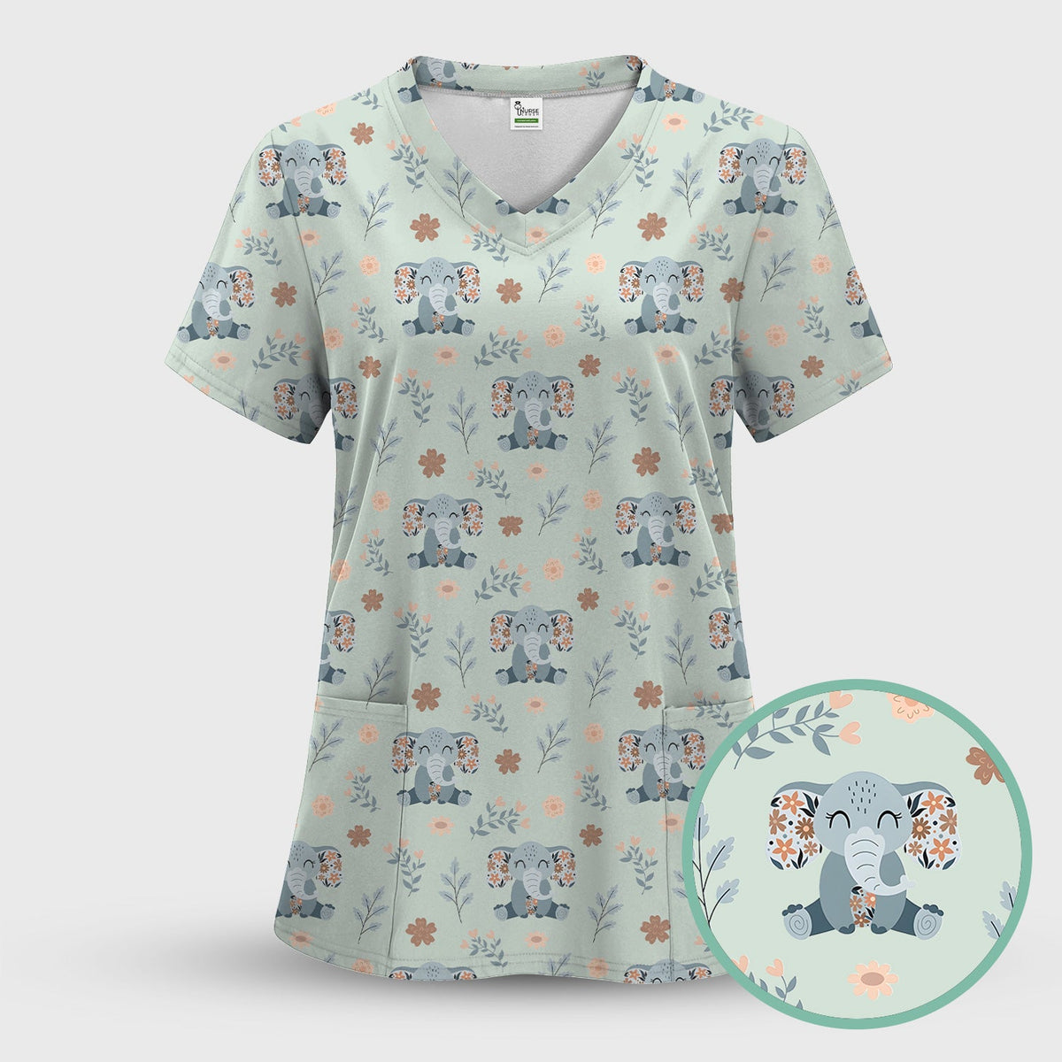 Cute Elephant Floral Print Scrub Set, Scrub Pants and V Neck Top