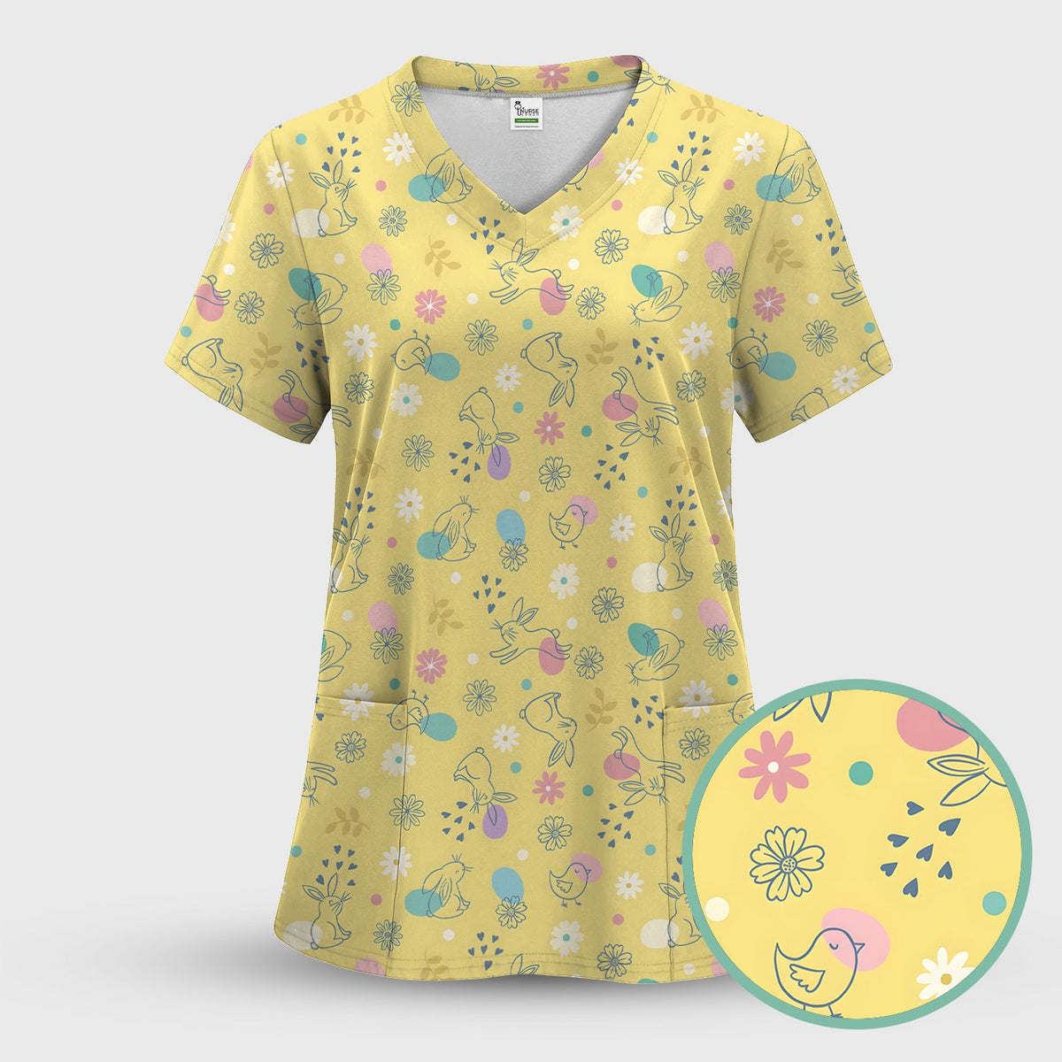 Whimsical Easter Bunny Eggs Nurse Scrub Top