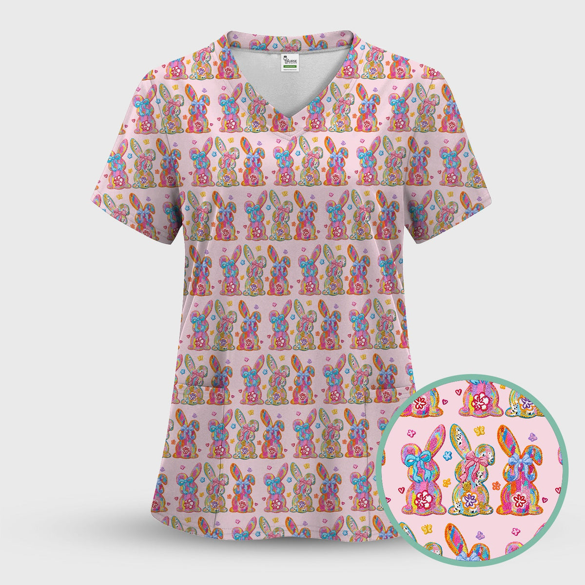Pastel Bunny Floral Nurse Scrub Set