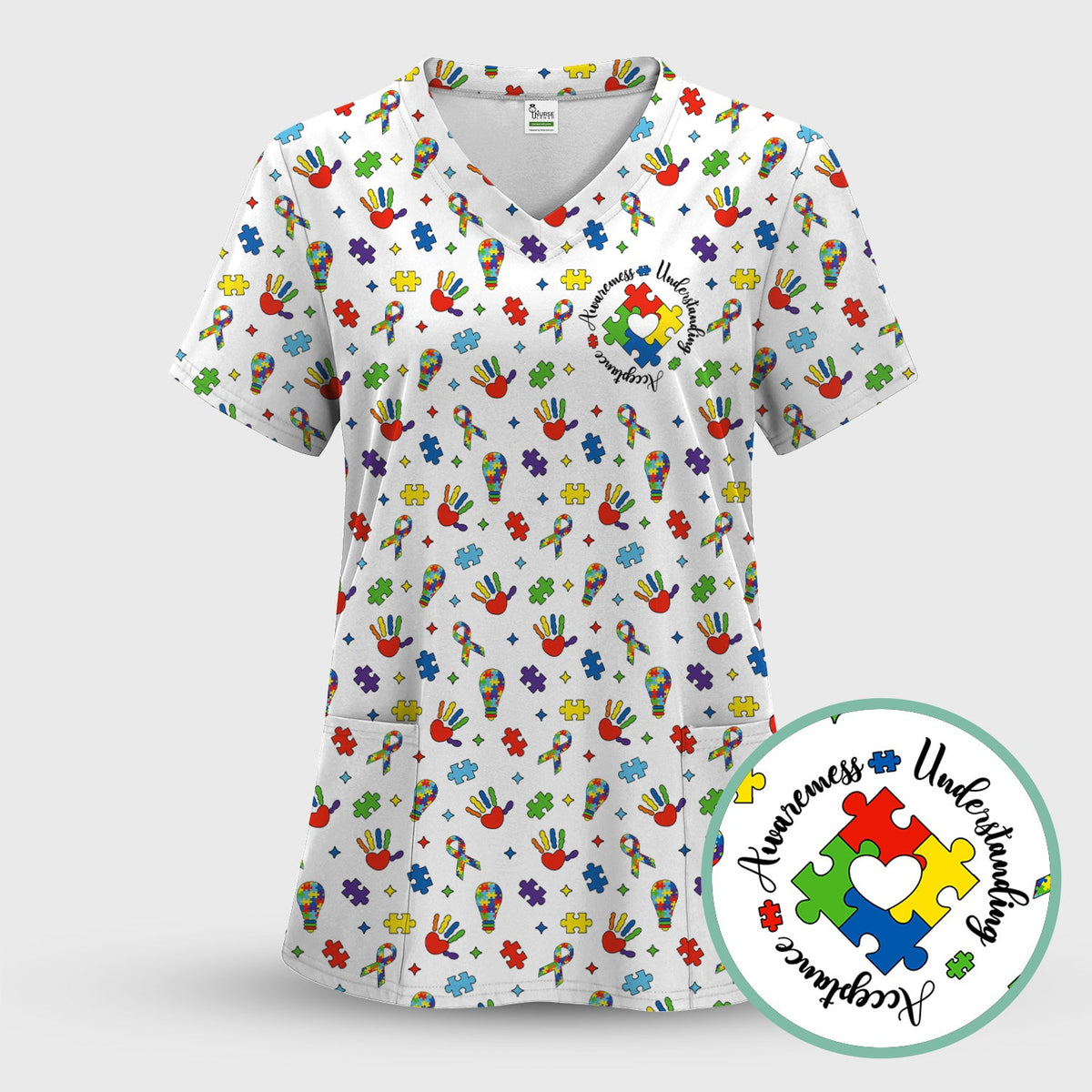 Autism Awareness Colorful Puzzle Nurse Scrub Top