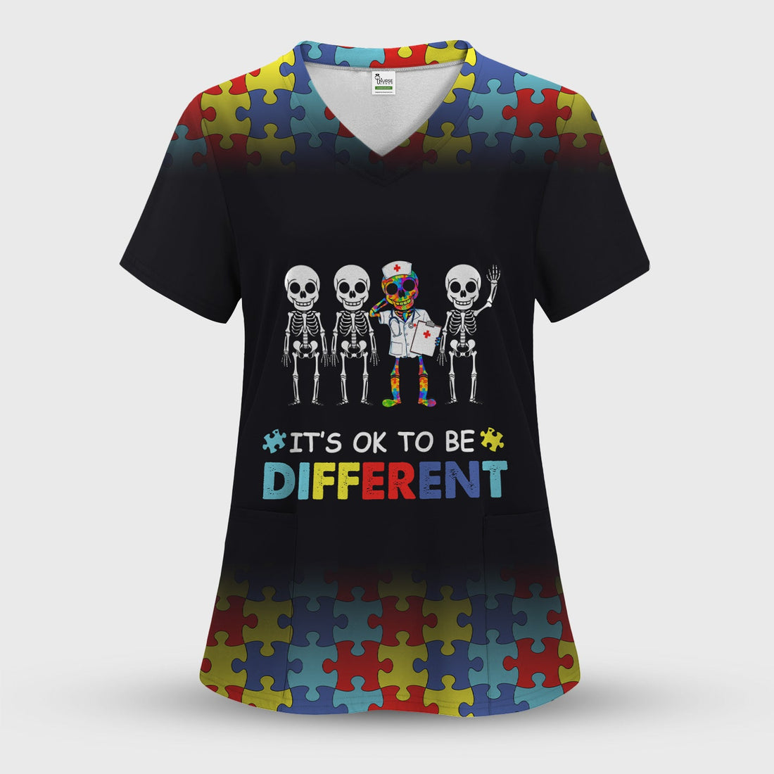 Autism Puzzle Skeleton It's OK To Be Different Nurse Scrub Top