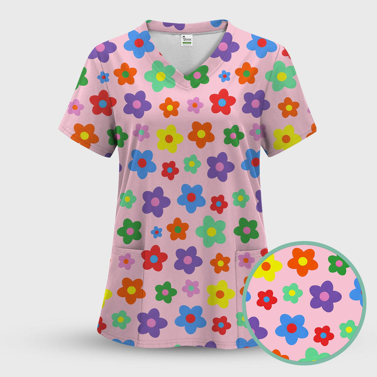 Colorful Retro Flower Nurse Scrub Top