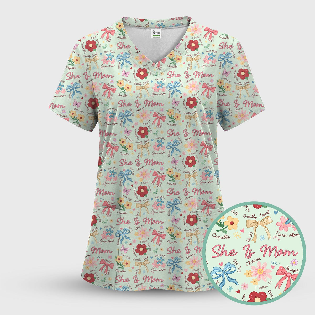 She Is Mom Floral Bow Nurse Scrub Top