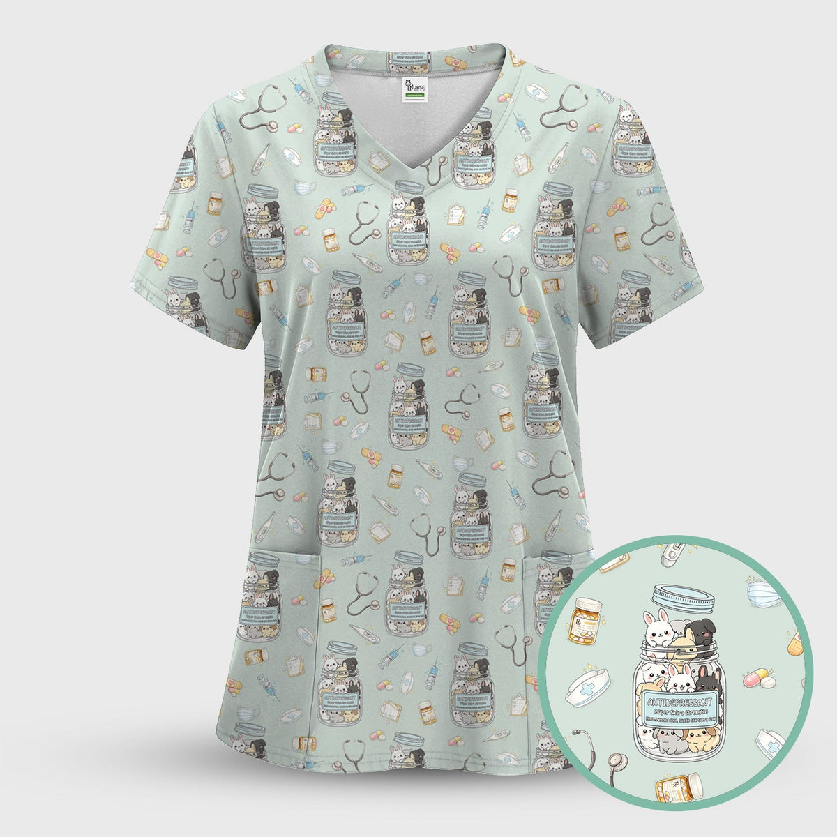 Whimsical Antidepressant Rabbit Jar Nurse Scrub Top