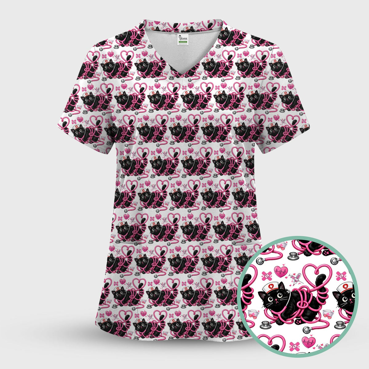 Valentine Cat Nurse Heart Scrub Top