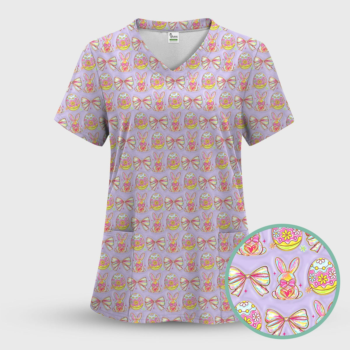 Bunny Pastel Egg Bow Nurse Scrub Top - Easter Gift