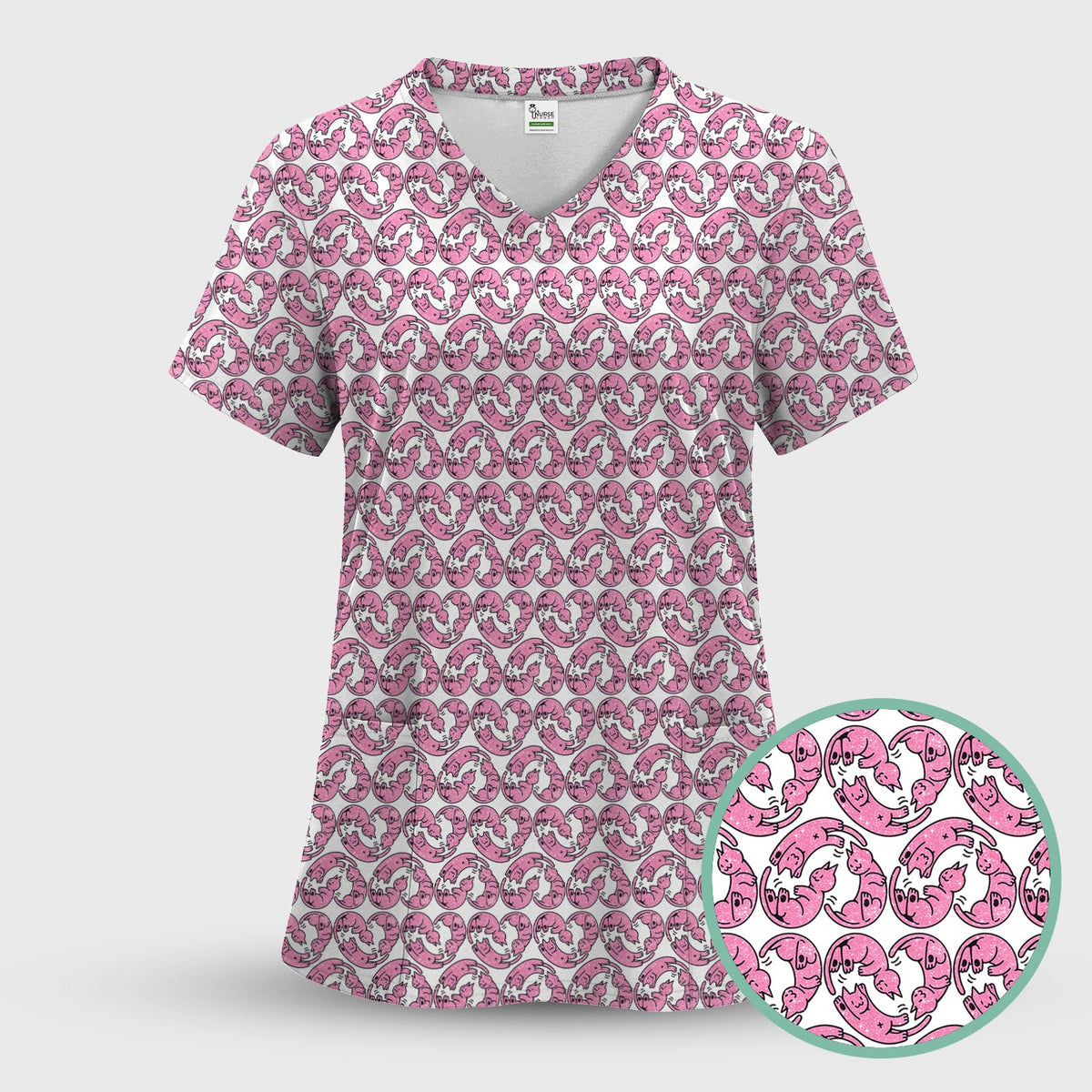 Pink Cat Cartoon Nurse Scrub Top