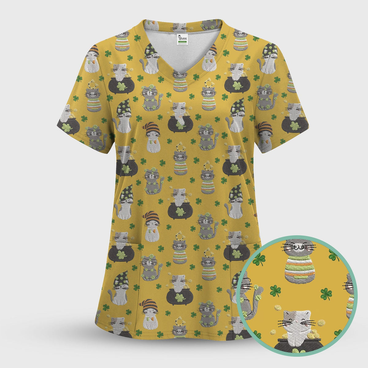 St Patrick Lucky Cat Shamrock Nurse Scrub Set