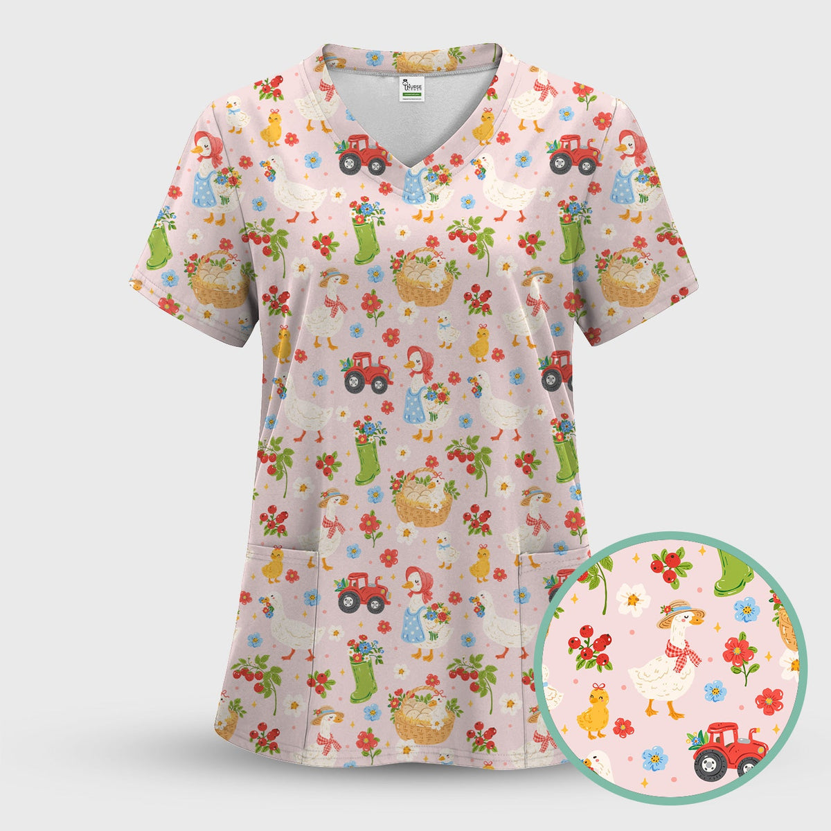 Farm Duck Chicken Tractor Flower Basket Nurse Scrub Top