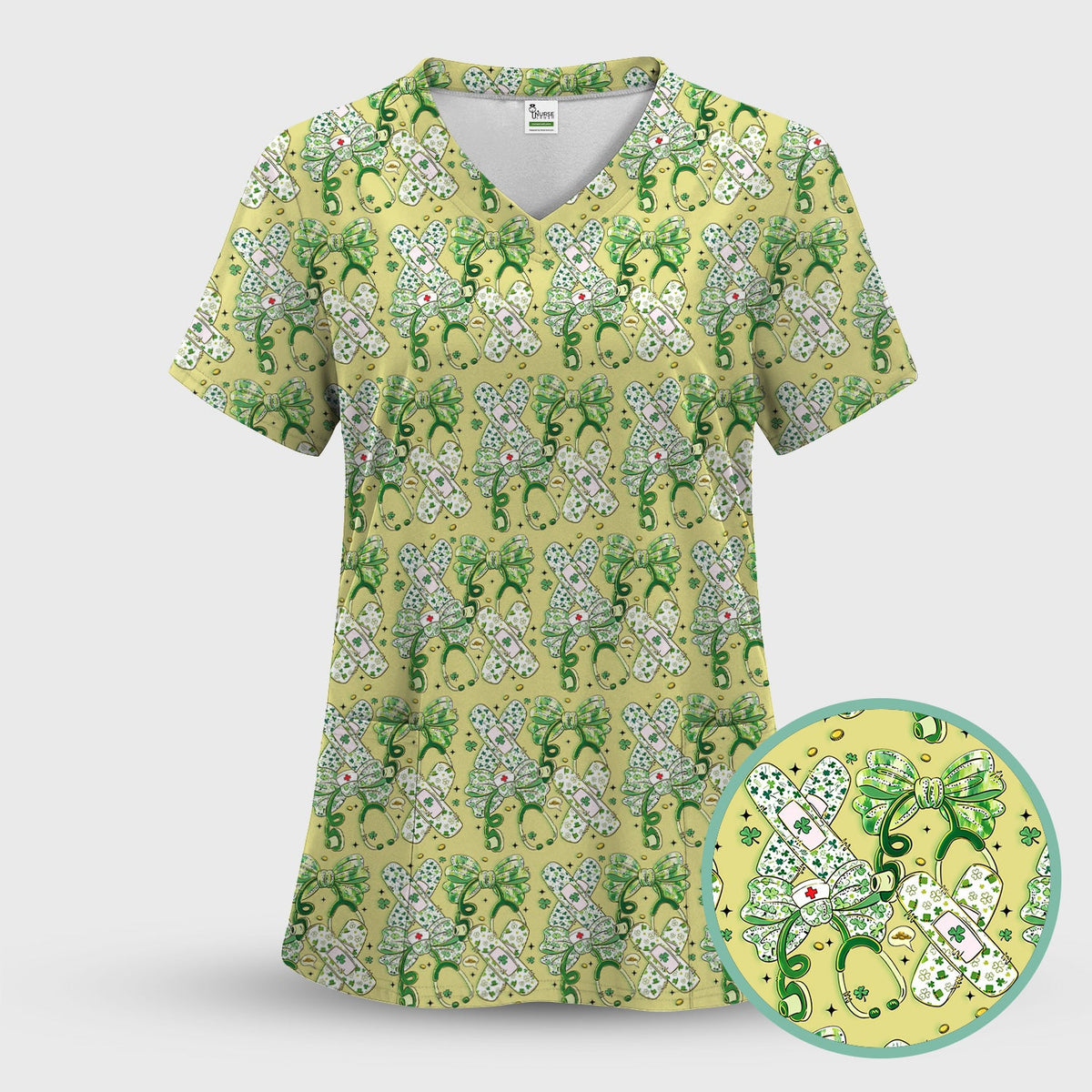 St Patrick Shamrock Stethoscope Nurse Scrub Top