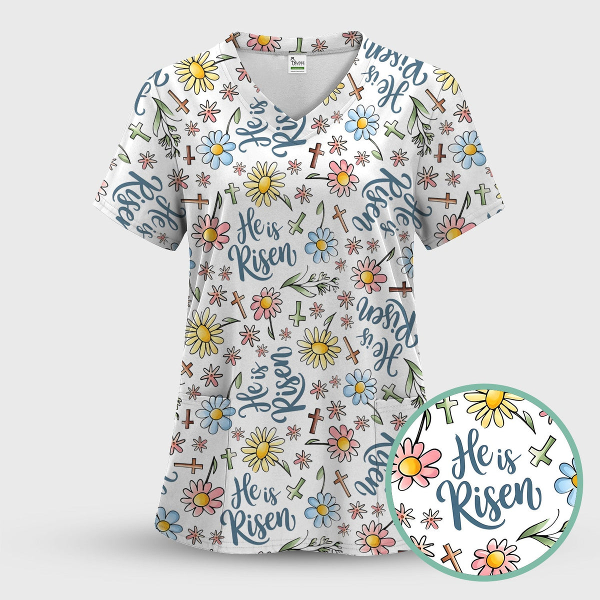 Risen Cross Flower Nurse Scrub Set - Easter Gift