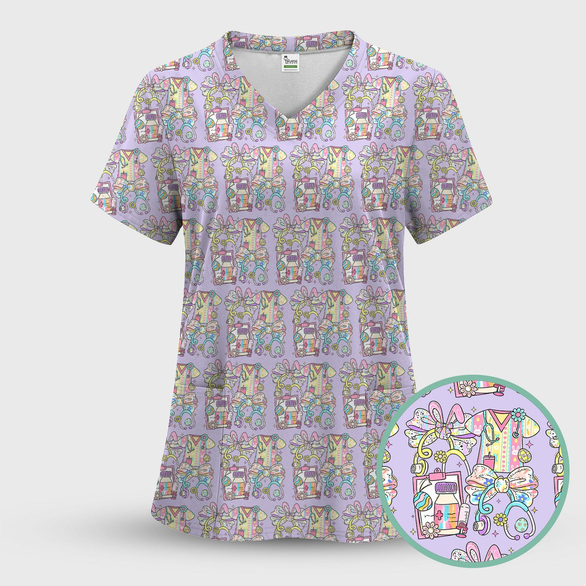 Colorful Nurse Scrub Supplies Pattern Scrub Top, Breathable Fabrics Nursing Uniform