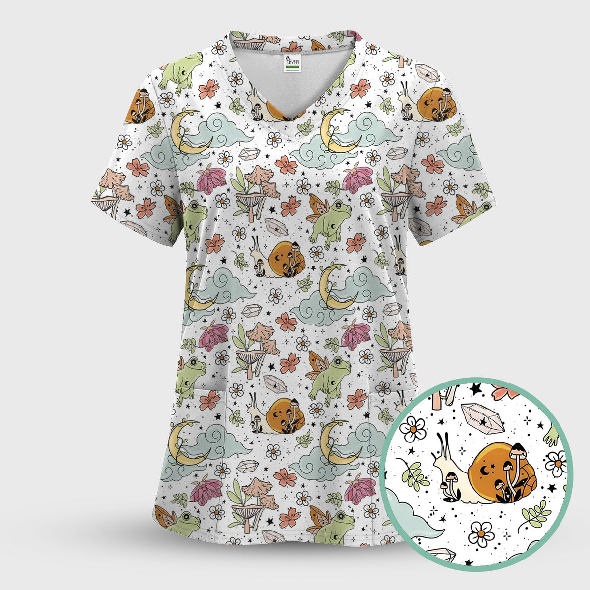 Whimsical Frog Moon Mushroom Nurse Scrub Top