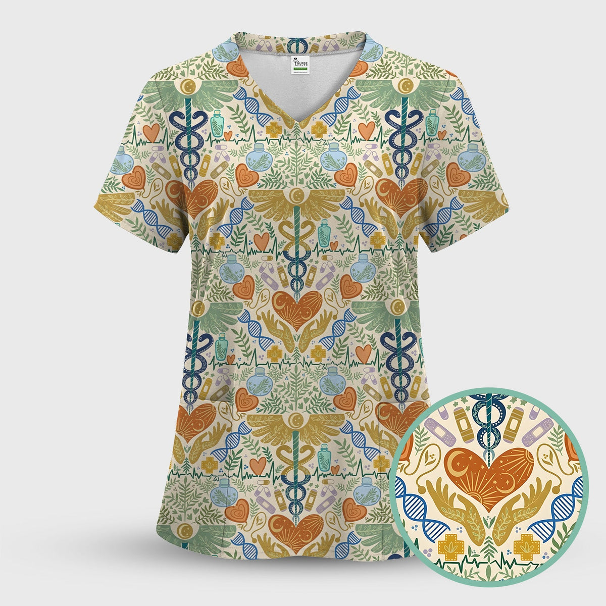 Botanical Caduceus Heart Nurse Scrub Set
