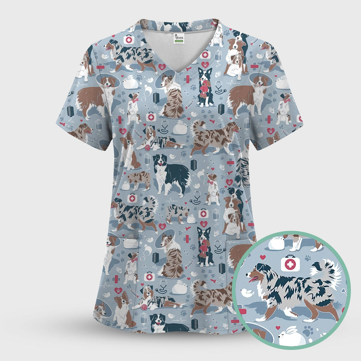 Cute Dog Pattern Women's Veterinary Scrub Set, Scrub Pants and V Neck Top