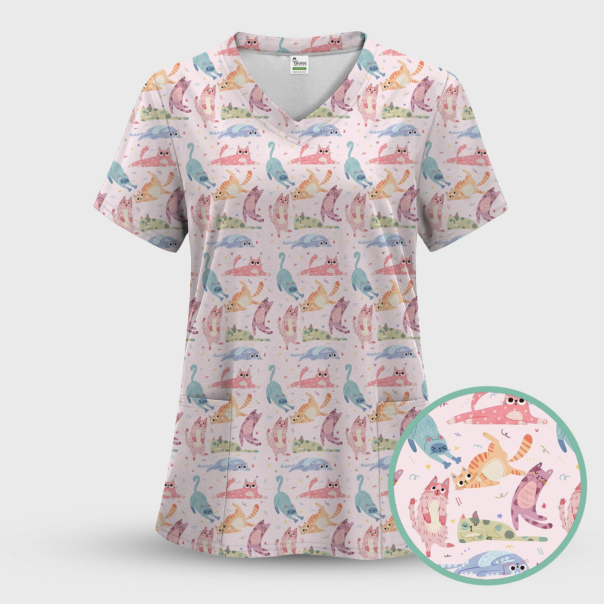 Funny Pastel Cat Pattern Medical Scrub Set, Breathable Fabrics Nursing Uniform