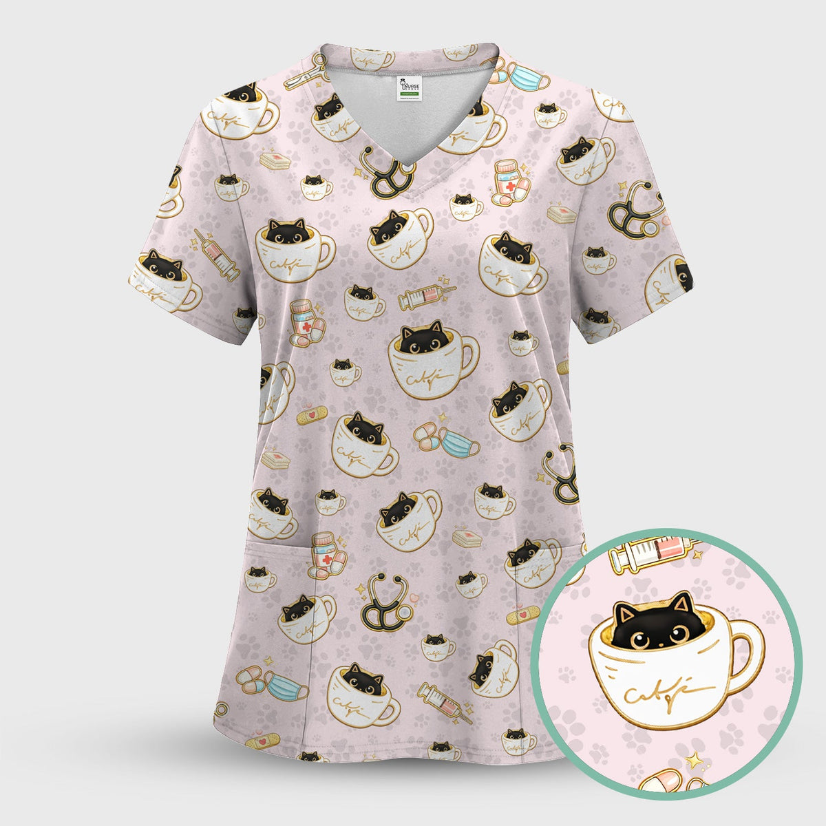 Coffee Cat Nurse Scrub Top