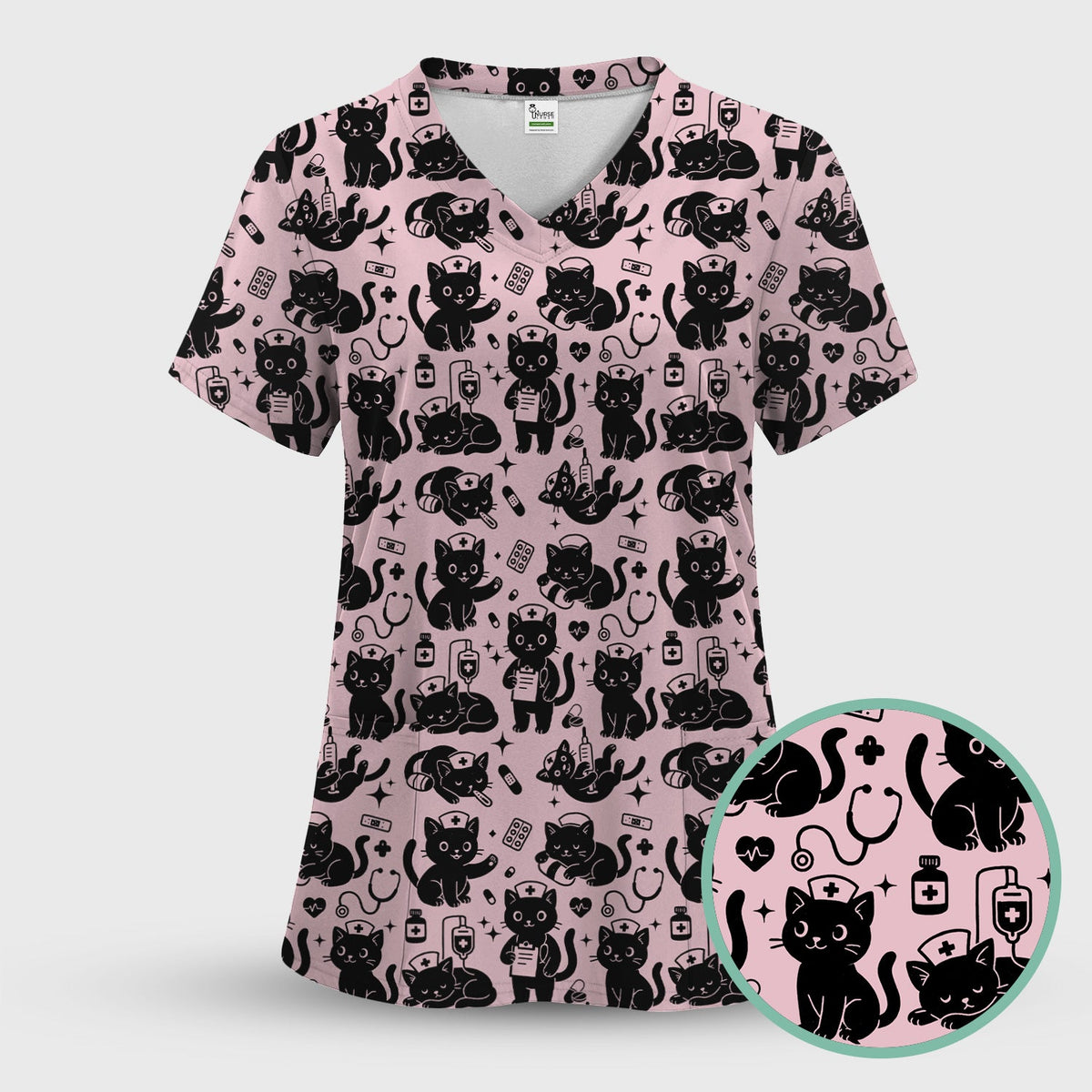 Cute White Black Cat Nurse Scrub Set
