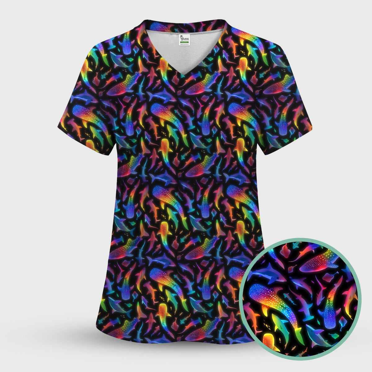 Vibrant Rainbow Shark Nurse Scrub Set