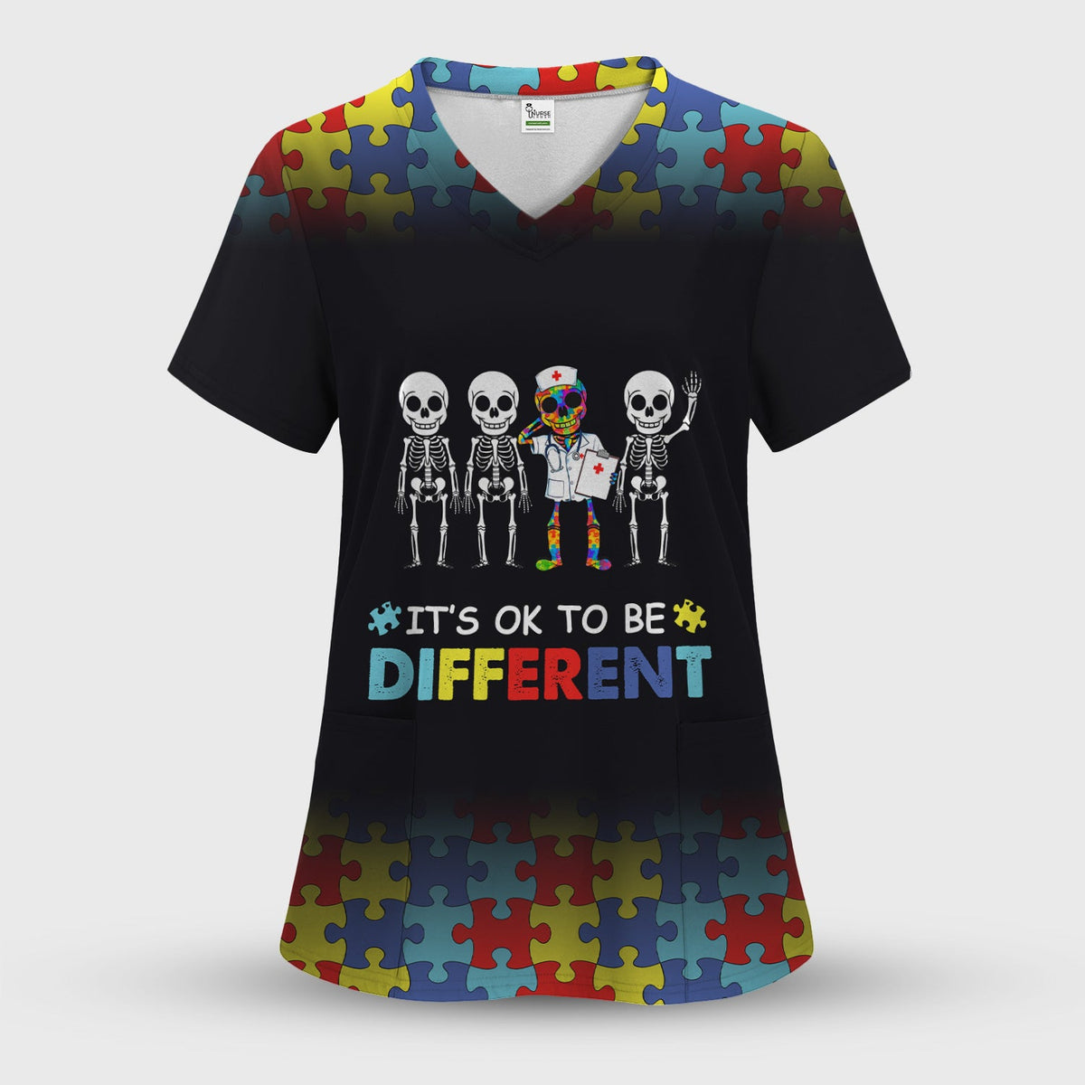 Autism Puzzle Skeleton It's OK To Be Different Nurse Scrub Set