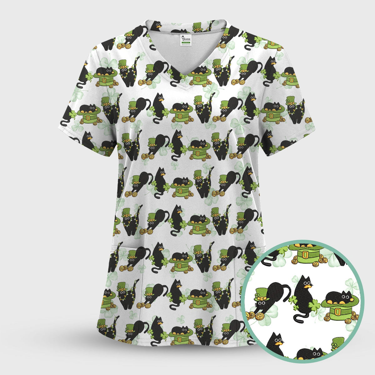 St Patrick Black Cat Clover Nurse Scrub Set