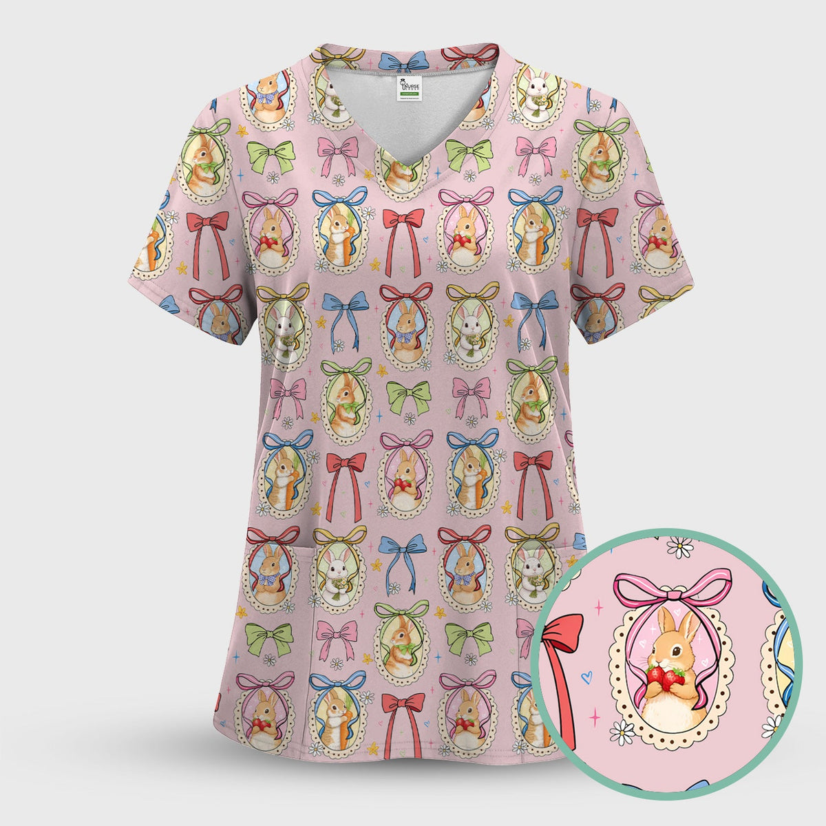 Bunny Cameo Bow Nurse Scrub Top - Easter Gift