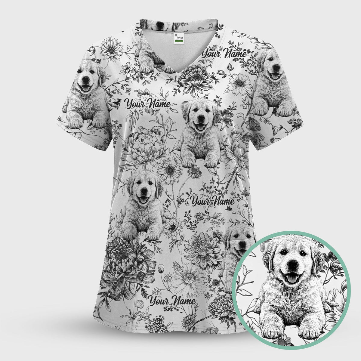 Personalized Pet Photo Floral Nurse Scrub Set