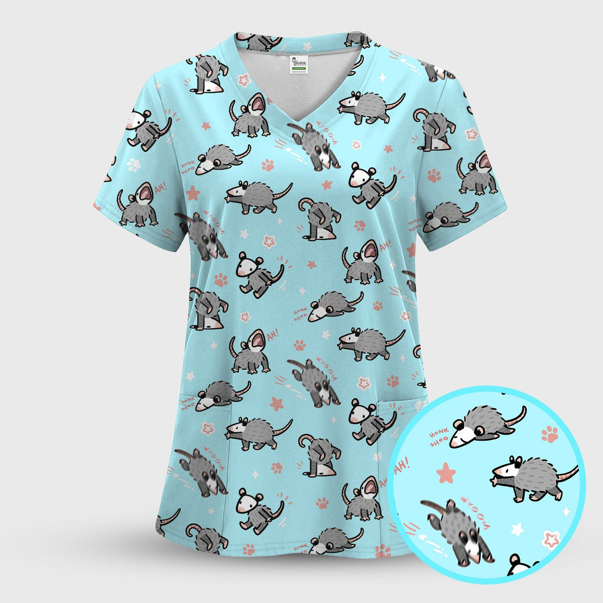 Cartoon Opossum Nurse Scrub Top