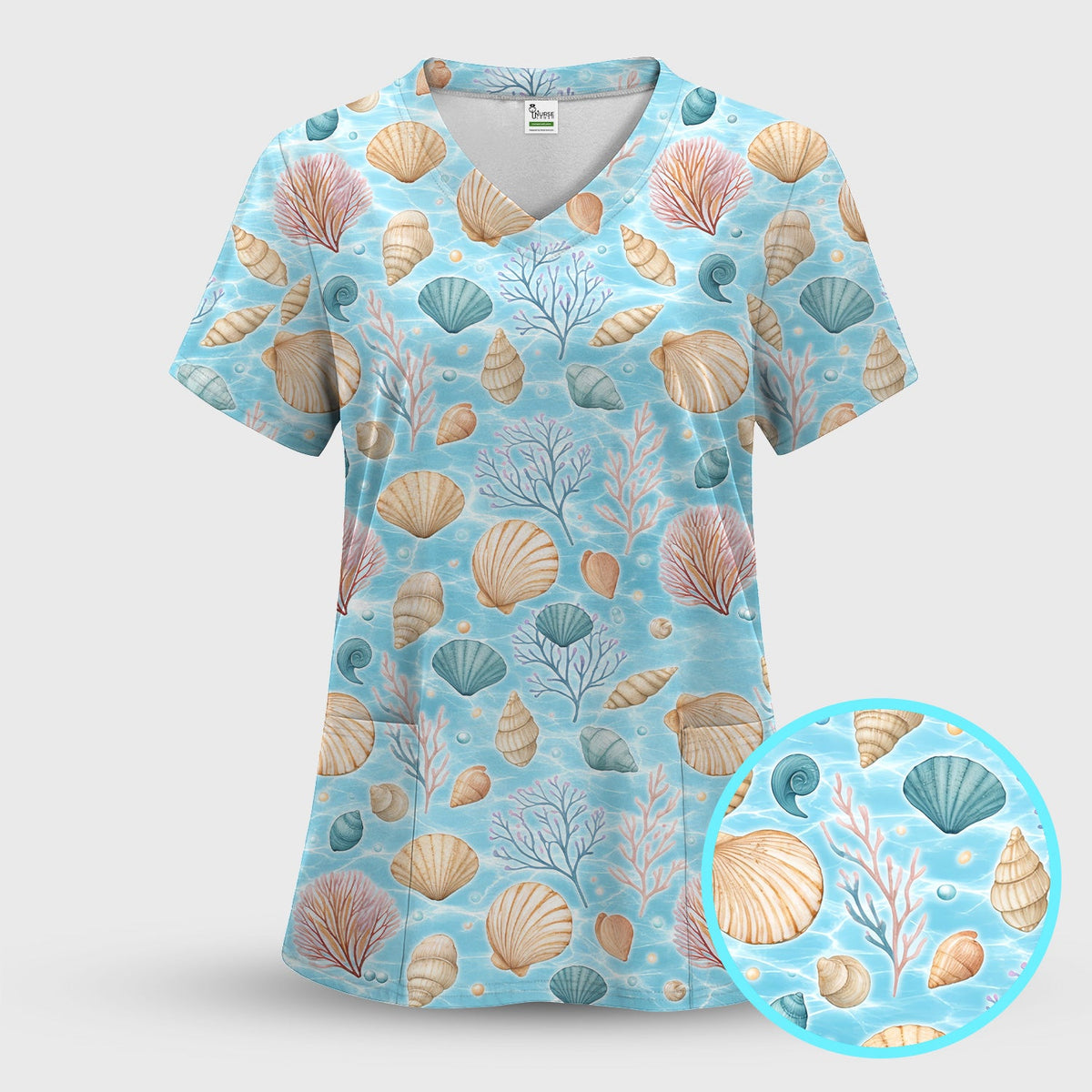 Coastal Seashell And Coral Reef Nurse Scrub Top