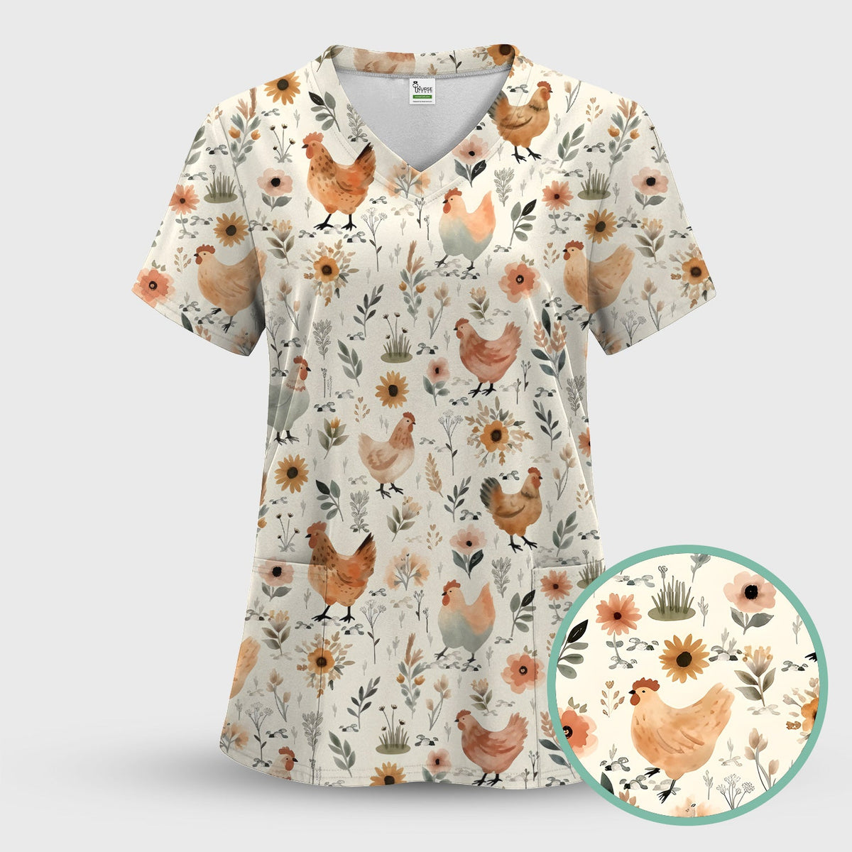 Charming Chicken Floral Farm Pattern Scrub Set, Scrub Pants and V Neck Top