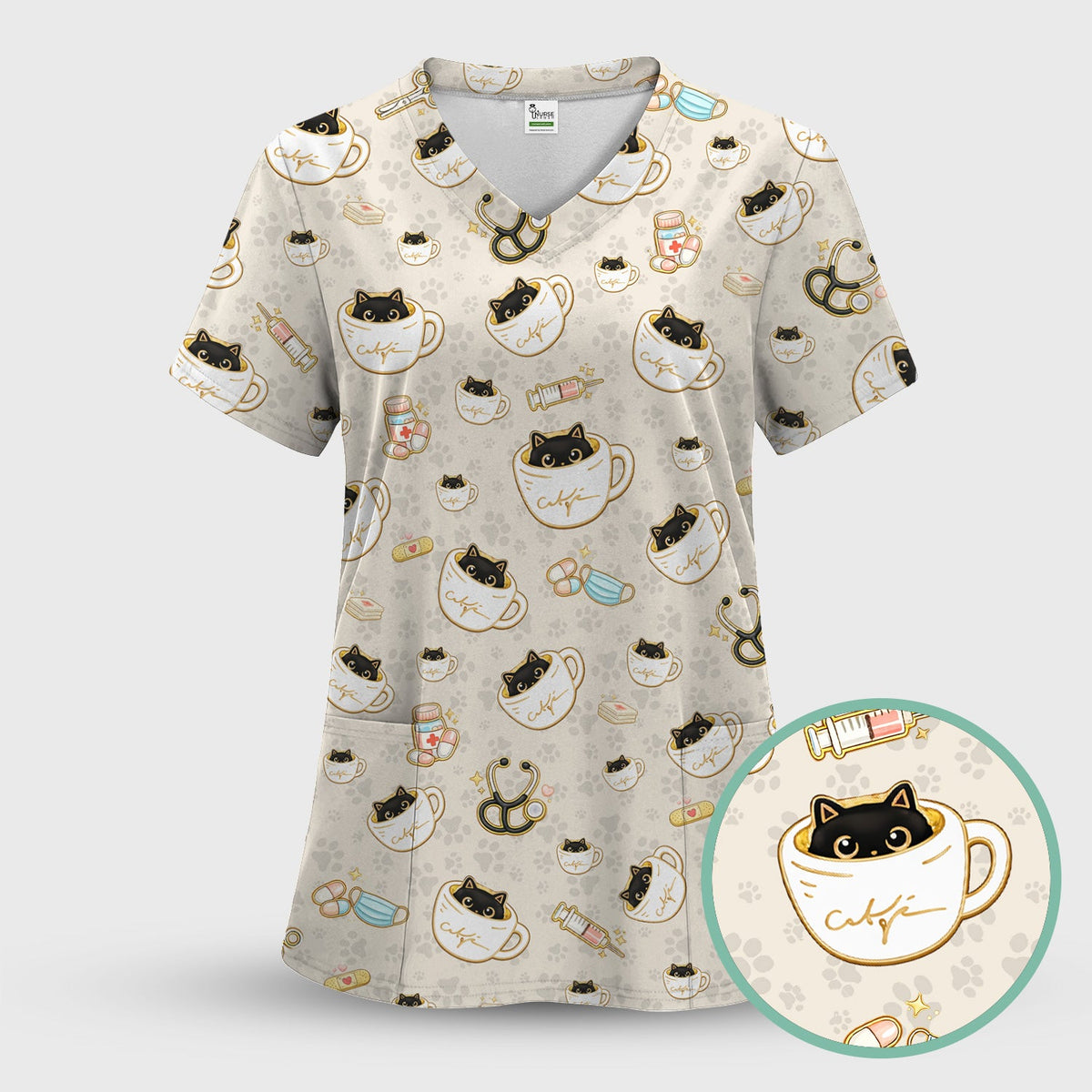 Coffee Cat Nurse Scrub Top