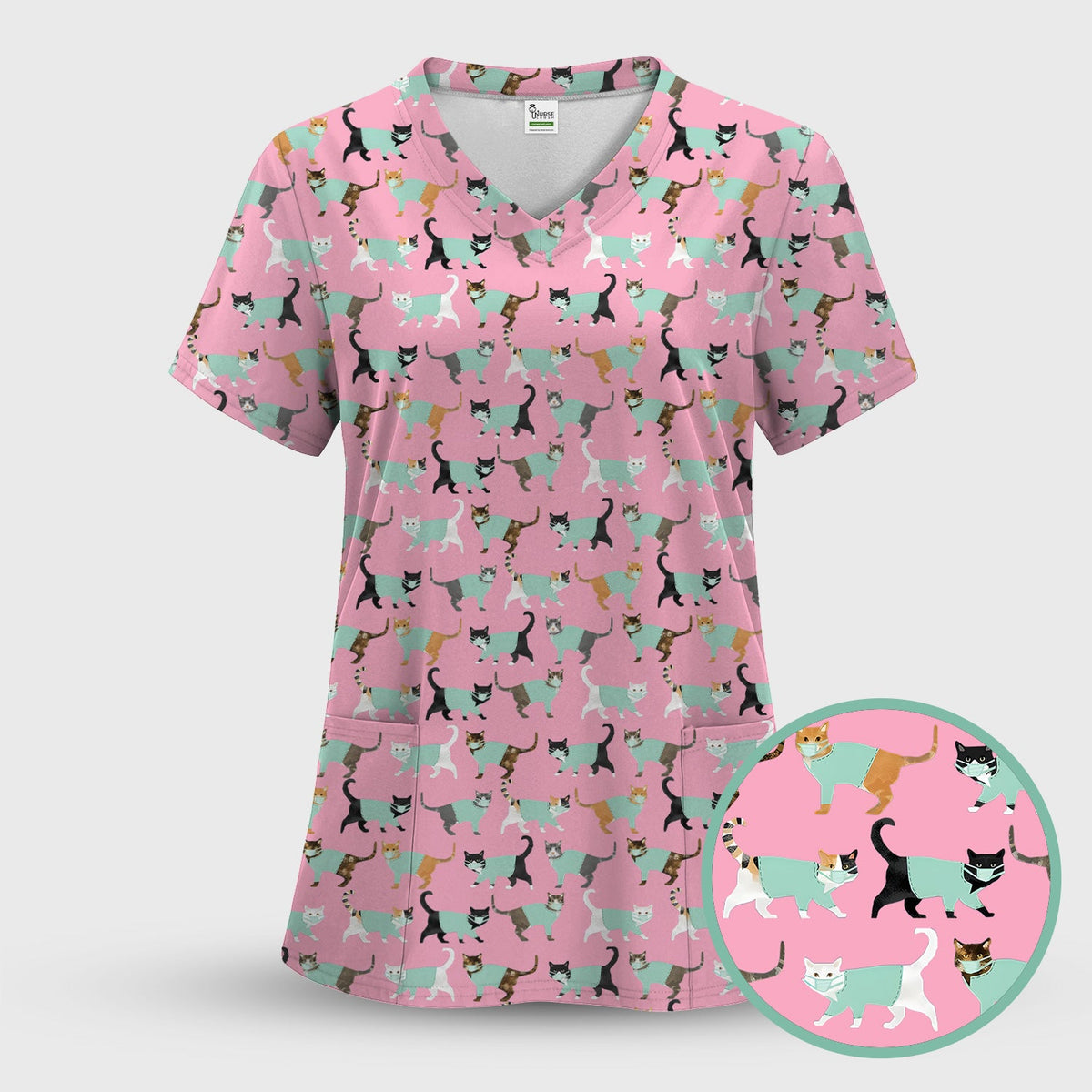 Playful Cat Nurse All Over Print Scrub Top, Comfortable Scrubs for Nurses