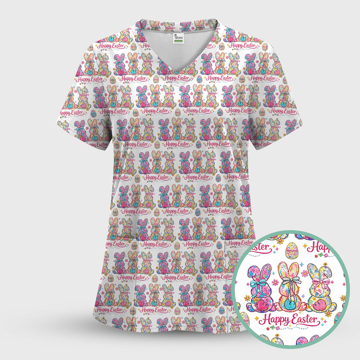 Pink Happy Easter Bunny Pattern Scrub Top, Comfortable Scrubs for Nurses