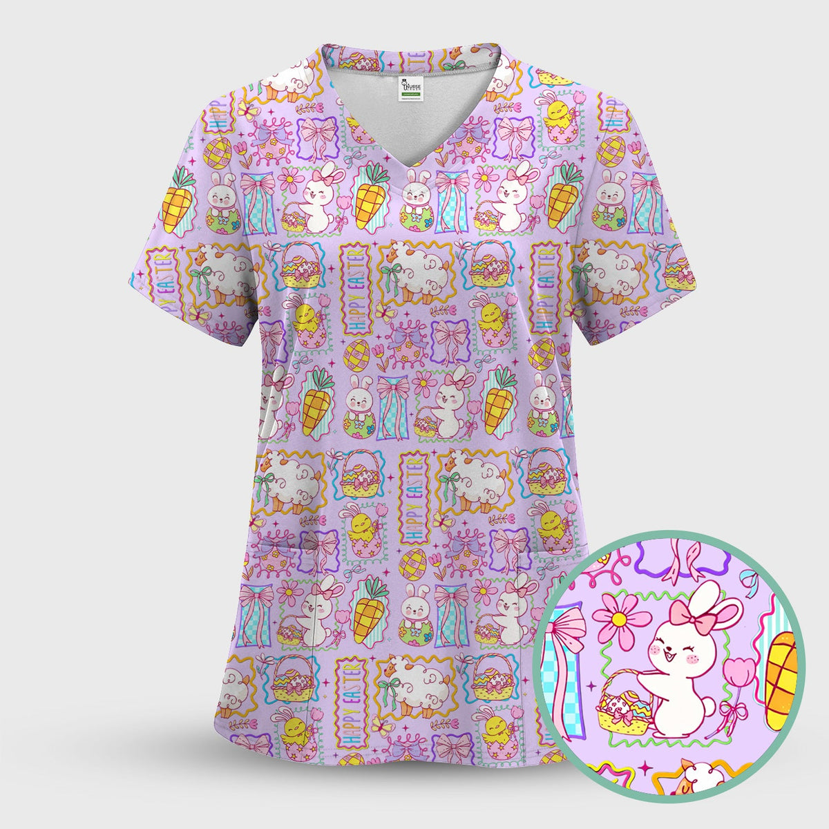 Cute Easter Bunny Egg and Bow Print Scrub Set, Scrub Pants and V Neck Top