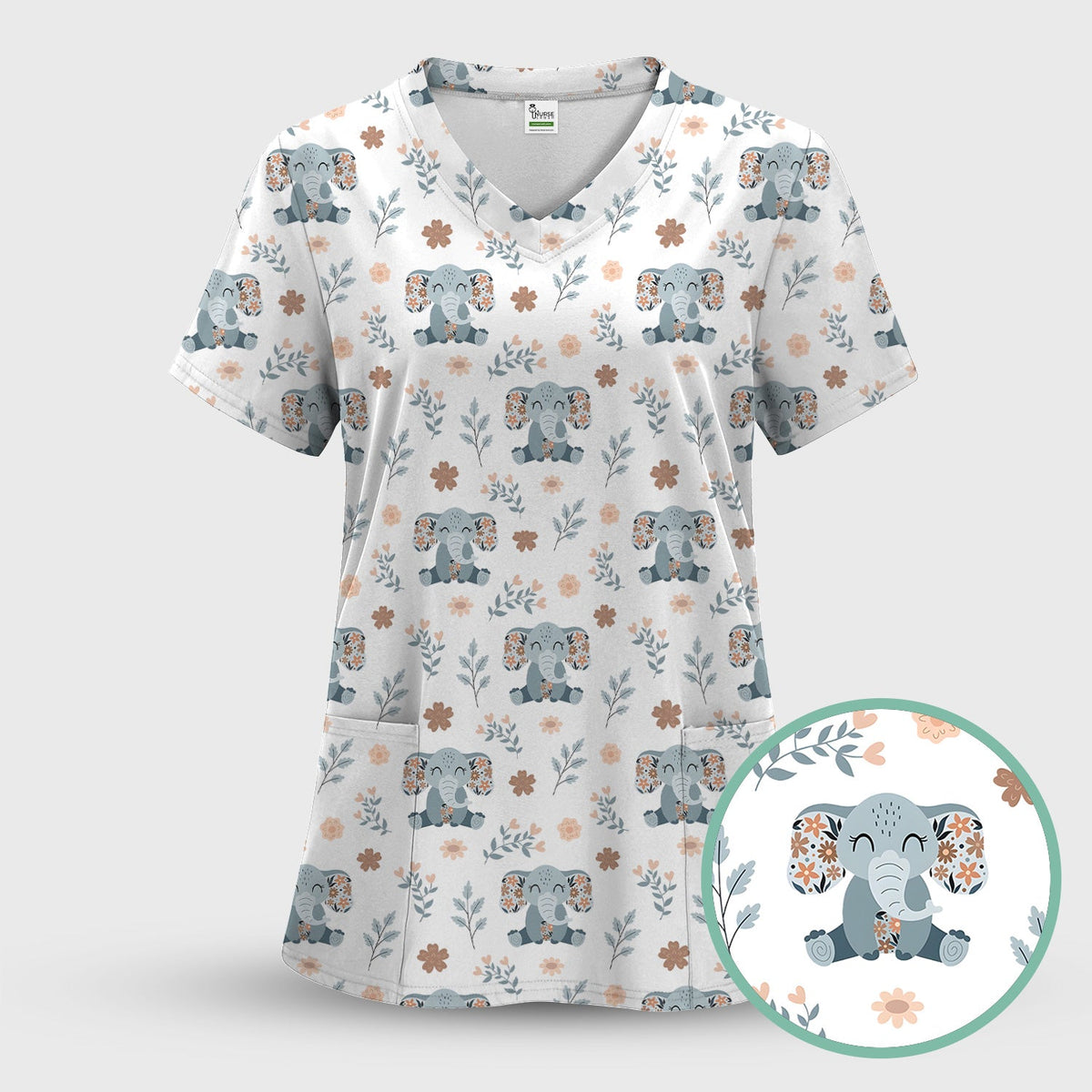 Cute Elephant Floral Print Scrub Top, Comfortable Scrubs for Nurses