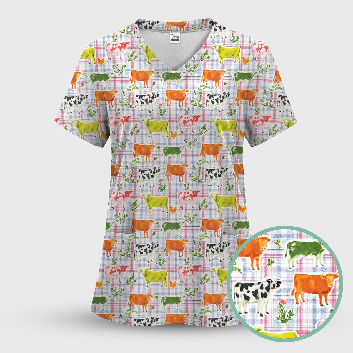 Colorful Farm Cow Plaid Nurse Scrub Set