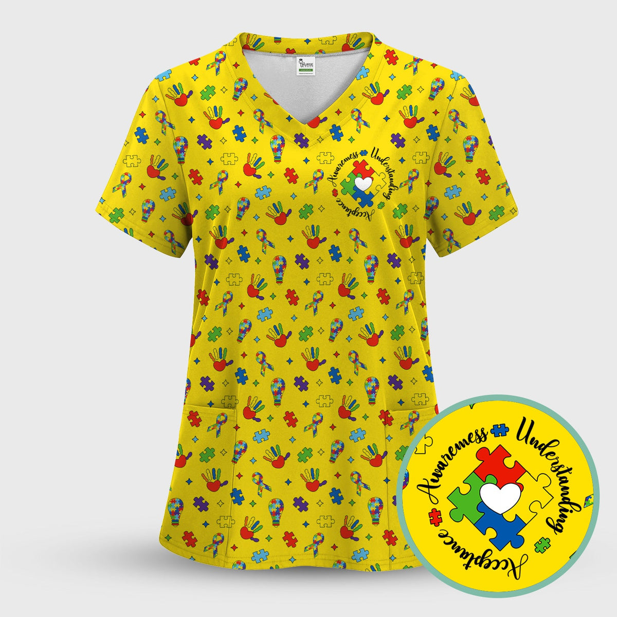 Autism Awareness Colorful Puzzle Nurse Scrub Set