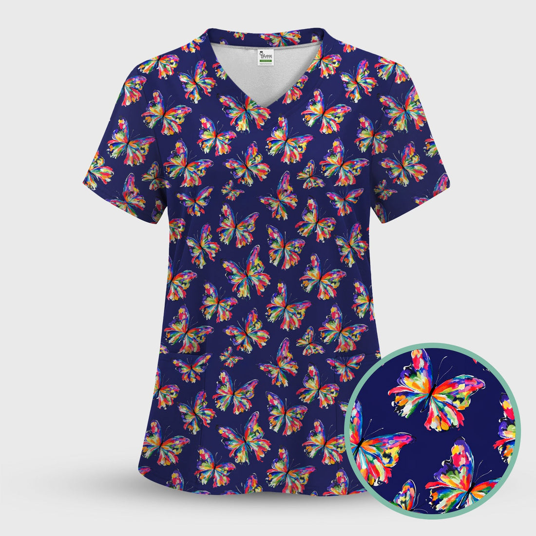 Personalized Vibrant Rainbow Butterfly Nurse Scrub Top